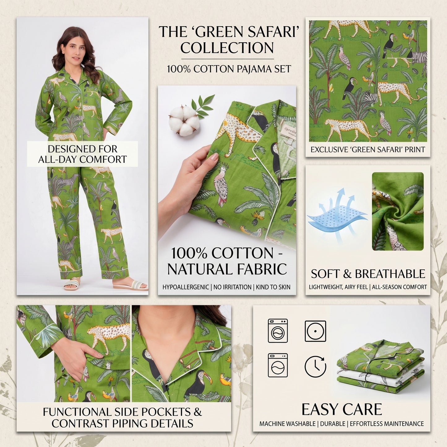 Women's Green Safari Print Cotton Night Suit Set – Tropical Two Piece Pajama Set