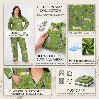 Women's Green Safari Print Cotton Night Suit Set – Tropical Two Piece Pajama Set