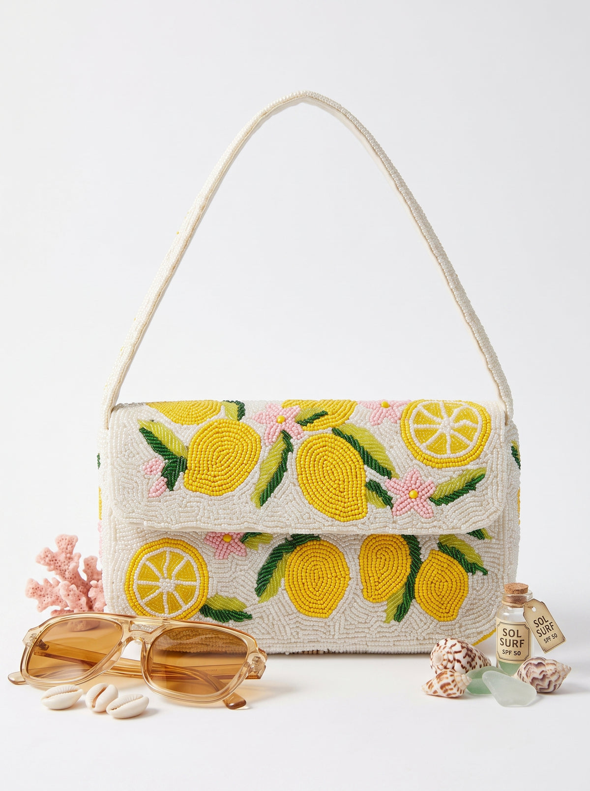 Handcrafted Luxury Beaded Lemon Splash Shoulder Bag