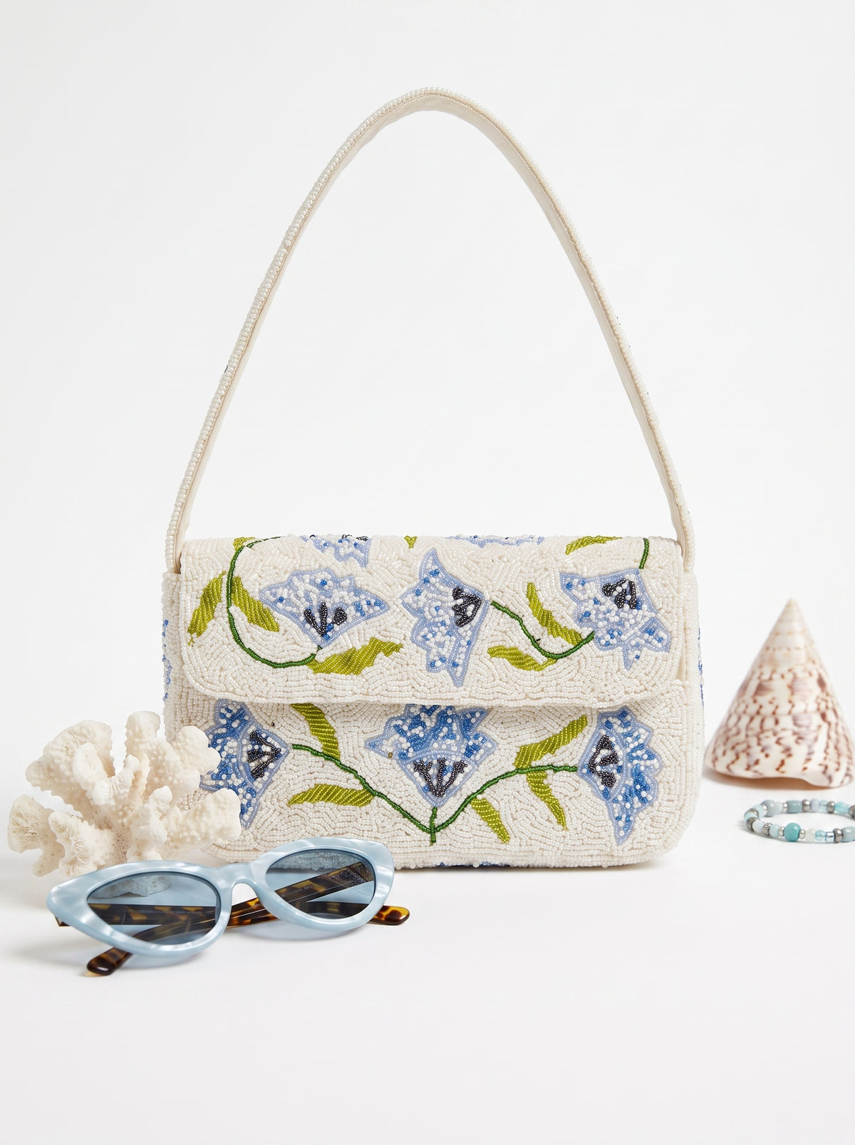 Handcrafted Luxury Beaded Blue Meadow Shoulder Bag