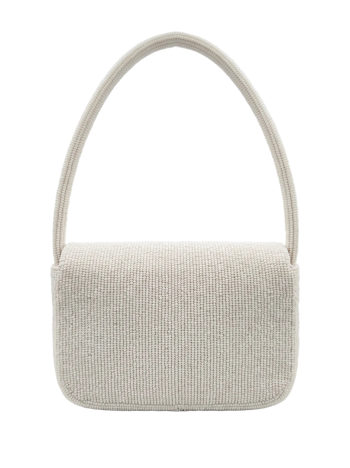 A small rectangular shoulder bag with a rounded bottom and a single arched strap, covered in a tightly woven textured fabric. The bag is a light warm off-white/cream color, photographed against a white studio backdrop with soft light reflections.