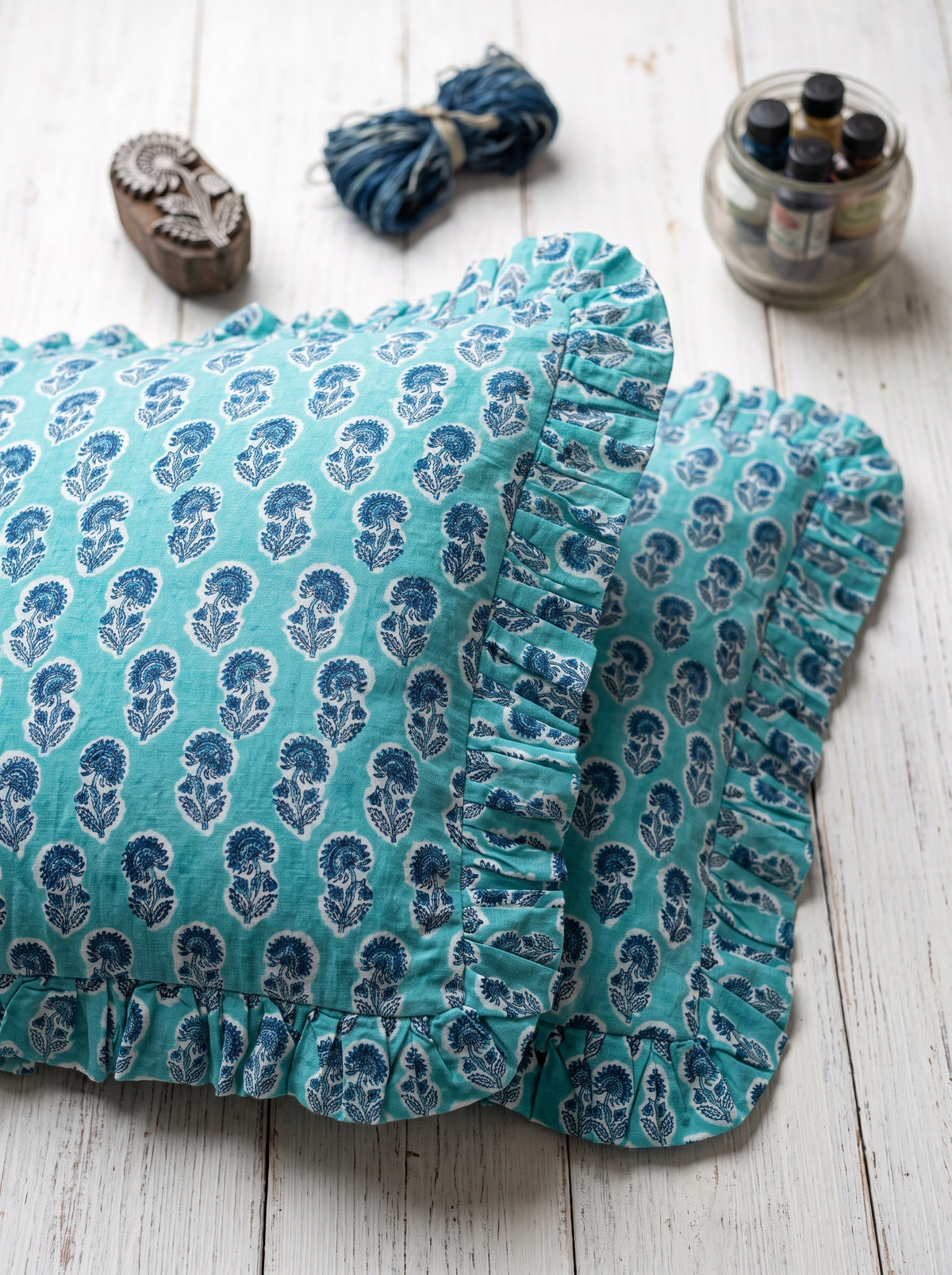 Blue Floral Hand Block Printed Cotton Cushion Cover Set of 5 – 18x18
