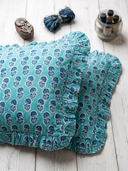 Blue Floral Hand Block Printed Cotton Cushion Cover Set of 5 – 18x18