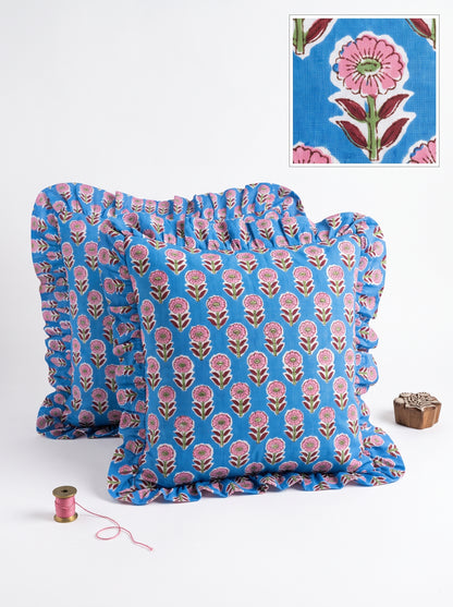 Indigo Floral Hand Block Printed Cotton Cushion Cover Set of 5 – 18x18
