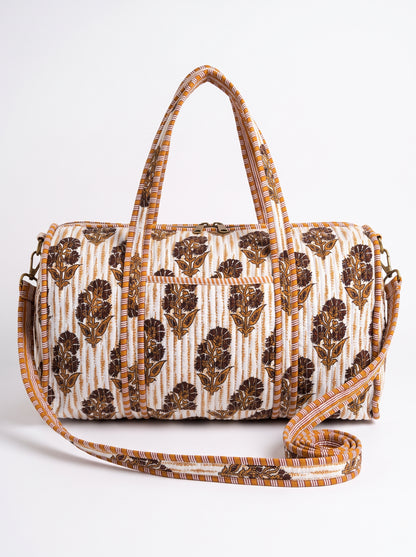 Brown-Orange Floral Print Quilted Cotton Duffle Bag – Lightweight Travel Weekender
