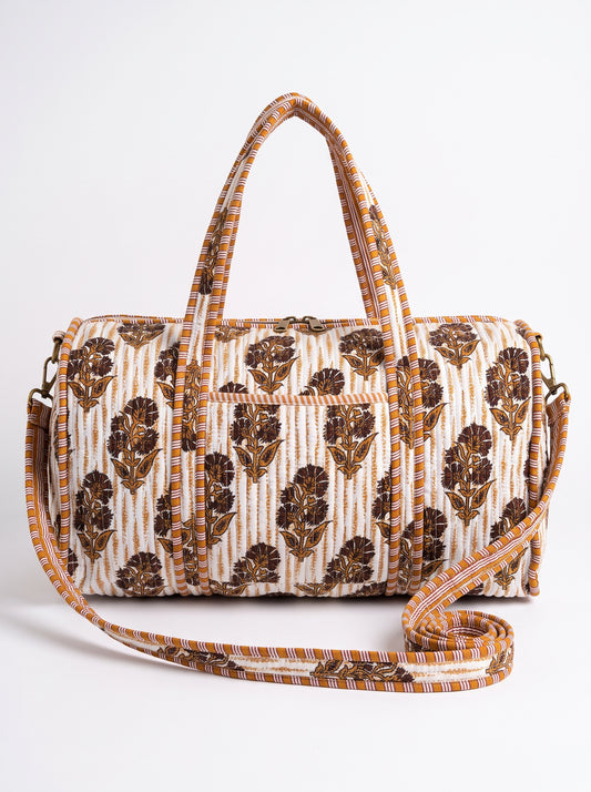 Brown-Orange Floral Print Quilted Cotton Duffle Bag – Lightweight Travel Weekender