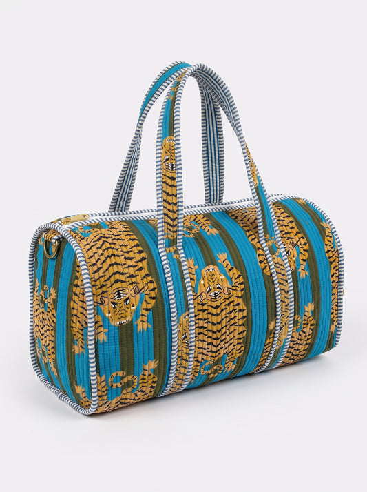 Blue Tiger Print Quilted Cotton Duffle Bag – Lightweight Travel Weekender