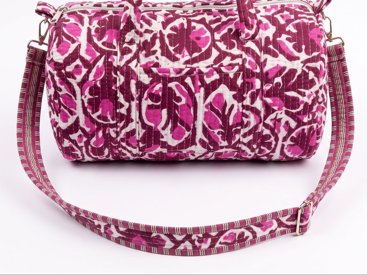 Pink Maroon Quilted Cotton Duffle Bag – Lightweight Travel Weekender