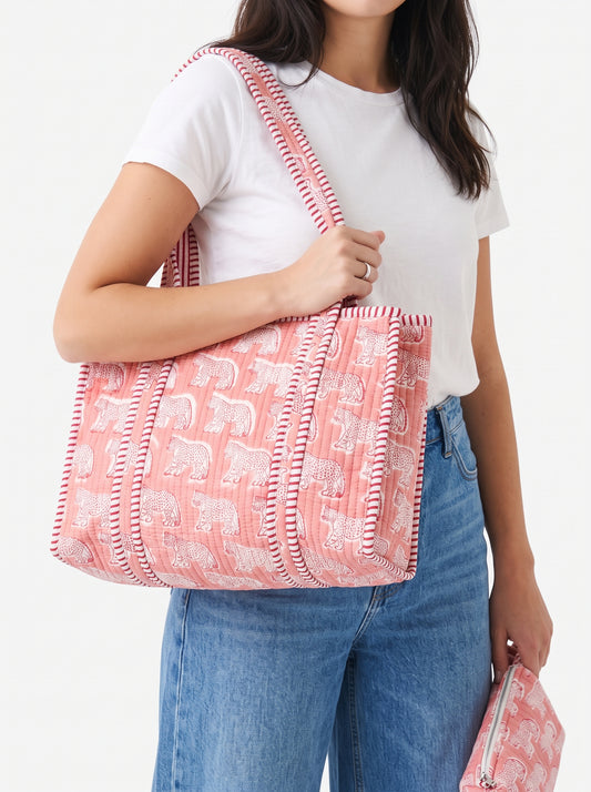 Classic Pink Tiger Quilted Tote & Pouch Set