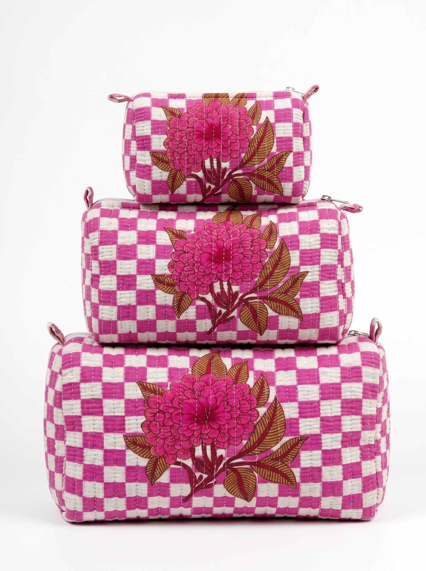 Pink Check Bloom - Tote & 3 Pouch Set 19X15
