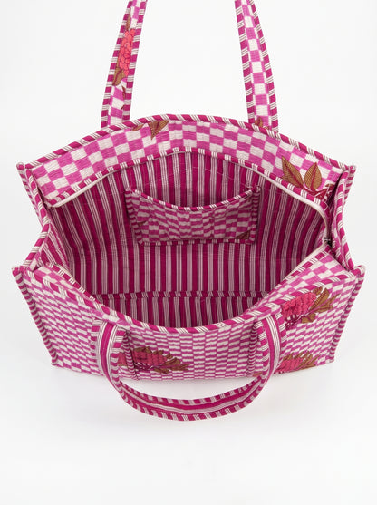 Pink Check Bloom - Tote & 3 Pouch Set 19X15