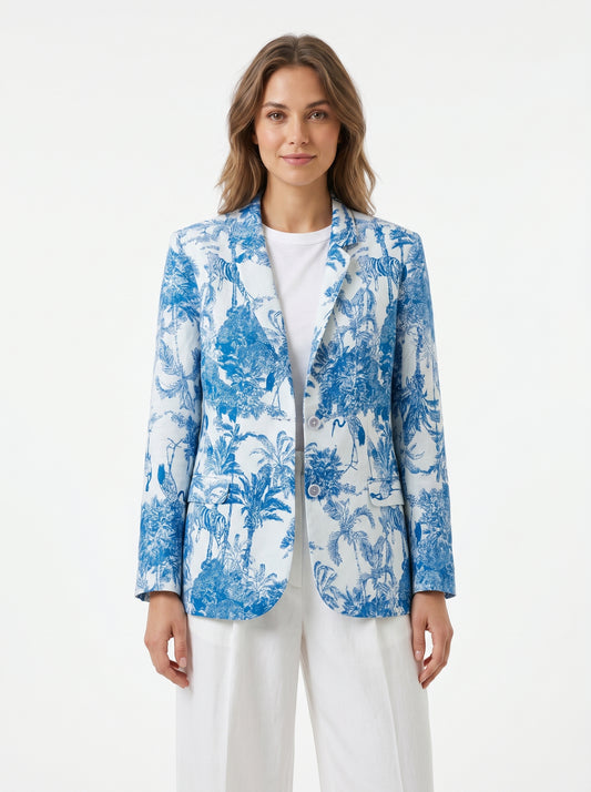Women’s White Blue Jungle Blazer – Bold Statement Tailored Jacket