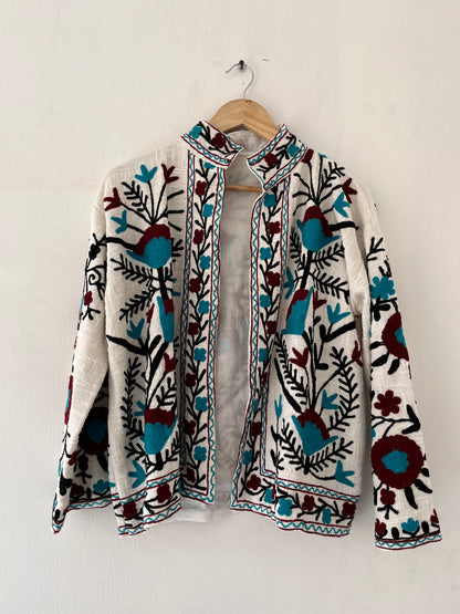 Women's White Floral Suzani Reversible Velvet Jacket – Artistic Embroidered Statement Jacket