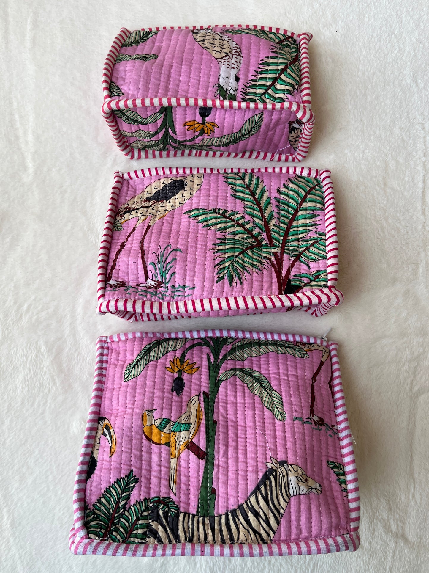 Pink Safari Quilted Utility Pouch Set of 3