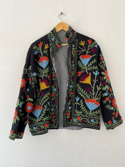 Women's Black Floral Suzani Reversible Velvet Jacket – Artistic Embroidered Statement Jacket