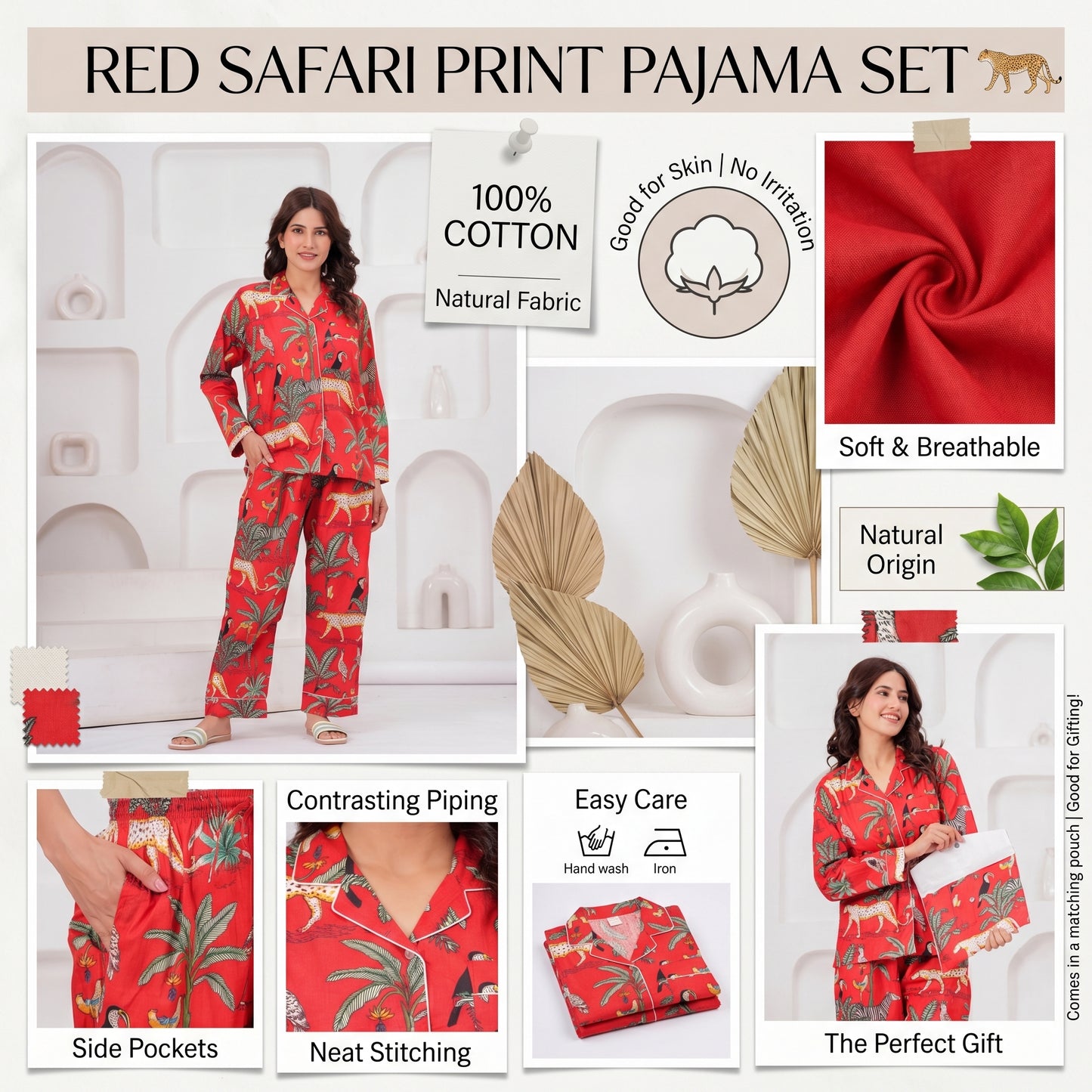 Women's Red Safari Print Cotton Night Suit Set – Elegant Two Piece Pajama Set