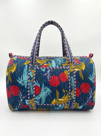 Blue floral Quilted Cotton Duffle Bag – Lightweight Travel Weekender