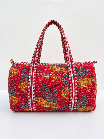 Red leopard Print Quilted Cotton Duffle Bag – Lightweight Travel Weekender