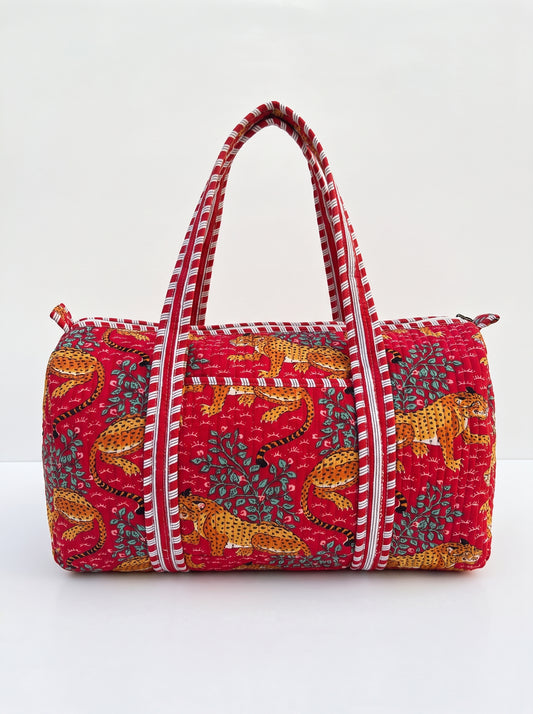 Red leopard Print Quilted Cotton Duffle Bag – Lightweight Travel Weekender