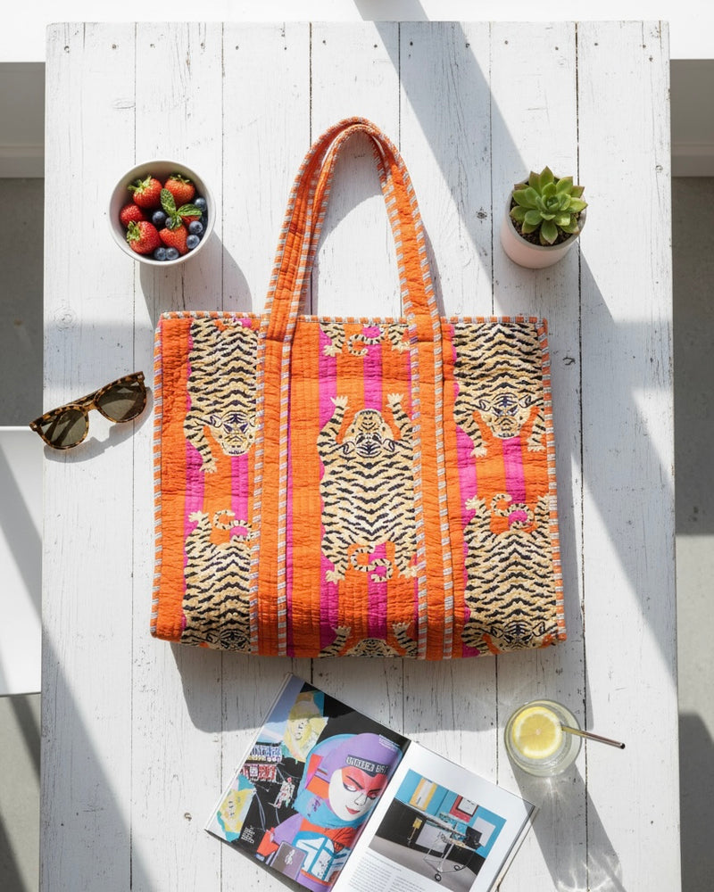Best tote bag for women, Tiger Orange Tango quilted cotton tote bag by House of Arya