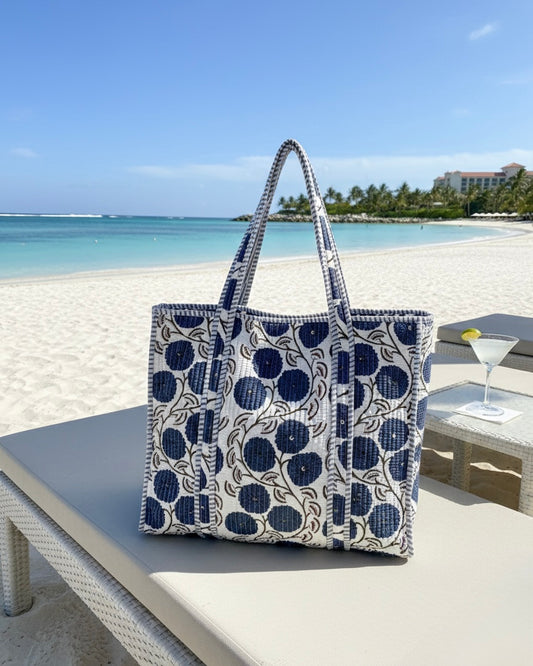 Indigo Blue Bloom – Wander Tote Bag  18x18