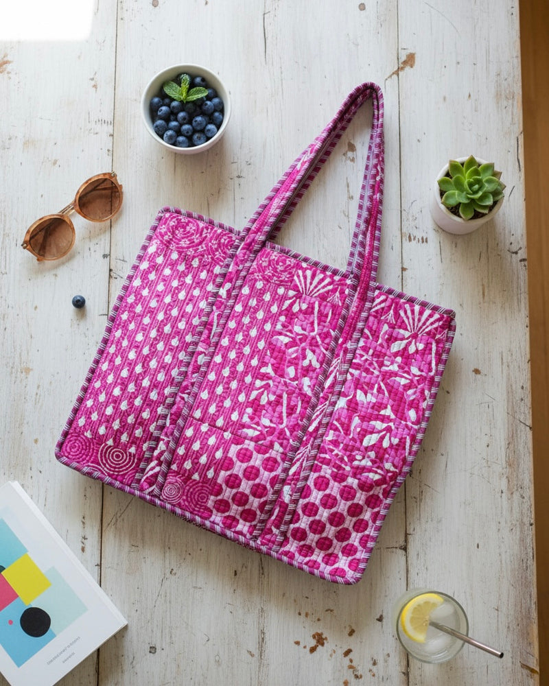 Fuchsia pink patchwork floral quilted cotton tote bag for women by House of Arya
