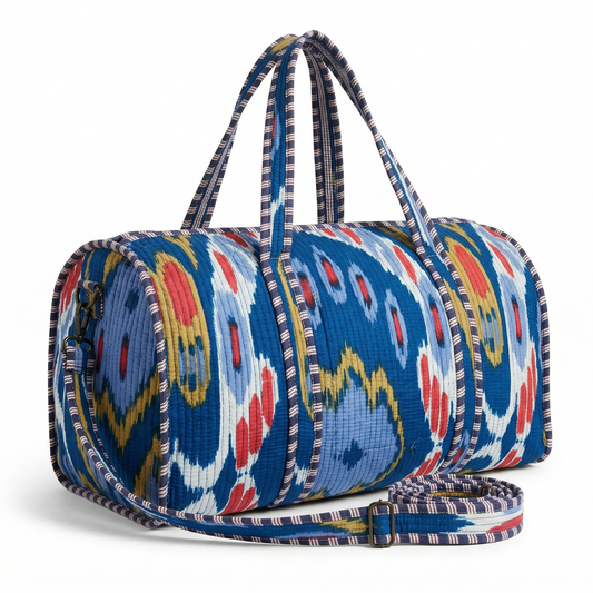 Blue Ikkat Quilted Cotton Duffle Bag – Lightweight Travel Weekender