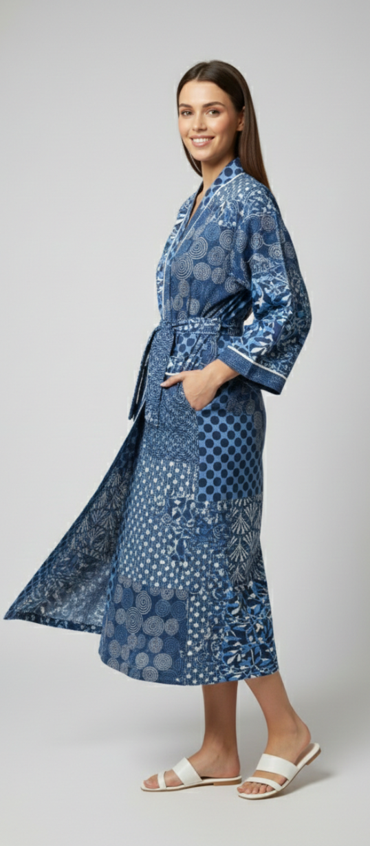 Women’s Blue Patchwork Print Cotton Robe | Front Tie Waist | 3/4th Sleeves
