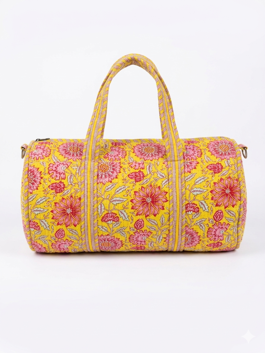 Yellow Floral Print Quilted Cotton Duffle Bag – Lightweight Travel Weekender
