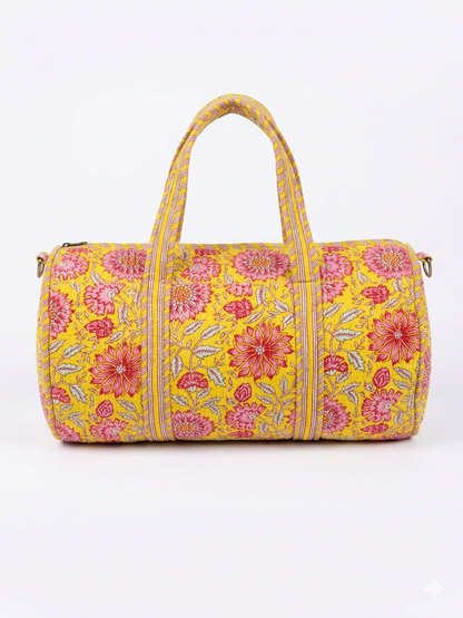 Yellow Floral Print Quilted Cotton Duffle Bag – Lightweight Travel Weekender