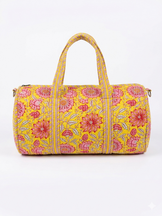 Yellow Floral Print Quilted Cotton Duffle Bag – Lightweight Travel Weekender