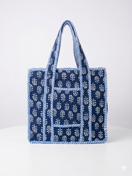 Blue White floral – Quilted Mini Tote Bag 12X12