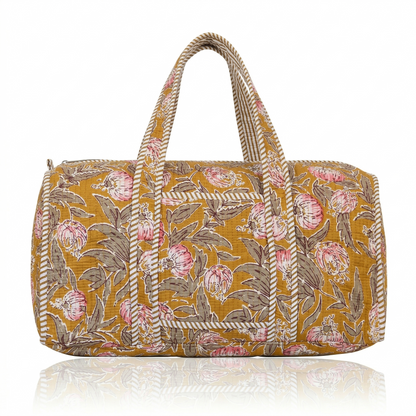 Mustard Yellow Bloom Quilted Cotton Duffle Bag – Lightweight Travel Weekender