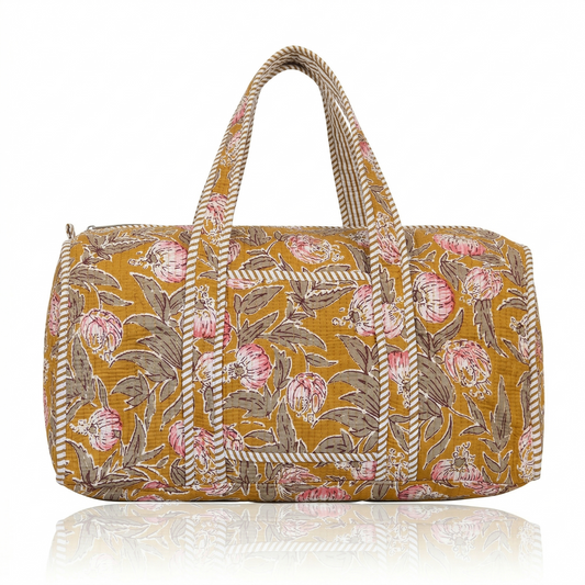 Mustard Yellow Bloom Quilted Cotton Duffle Bag – Lightweight Travel Weekender