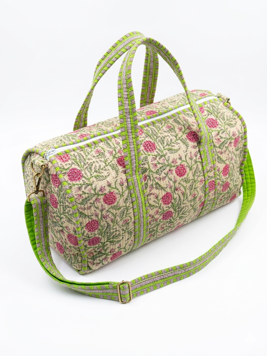 Green Red floral Print Quilted Cotton Duffle Bag – Lightweight Travel Weekender