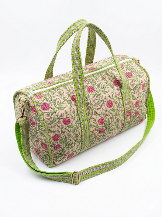 Green Red floral Print Quilted Cotton Duffle Bag – Lightweight Travel Weekender