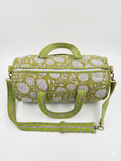 Green Floral Print Quilted Cotton Duffle Bag – Lightweight Travel Weekender