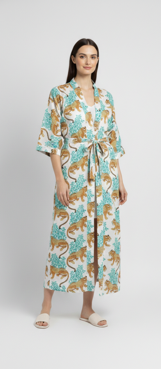 Women’s White Leopard Print Cotton Robe | Front Tie Waist | 3/4th Sleeves
