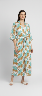 Women’s White Leopard Print Cotton Robe | Front Tie Waist | 3/4th Sleeves