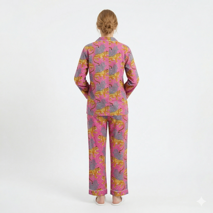 Women's Pink Leopard Cotton Night Suit Set – Elegant Two Piece Pajama Set