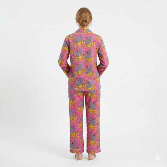 Women's Pink Leopard Cotton Night Suit Set – Elegant Two Piece Pajama Set