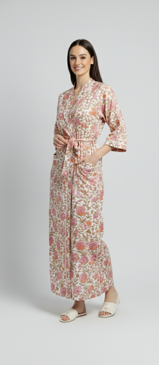 Women’s Pastel Floral Print Cotton Robe | Front Tie Waist | 3/4th Sleeves