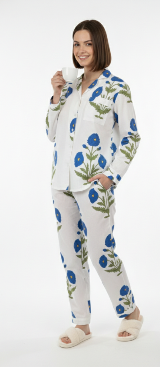 White & Blue Floral Print Cotton Pajama Set for Women – Button-Down Nightwear & Loungewear