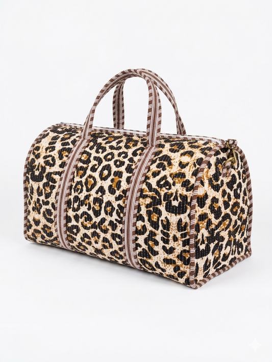 Brown Cheetah print Quilted Cotton Duffle Bag – Lightweight Travel Weekender