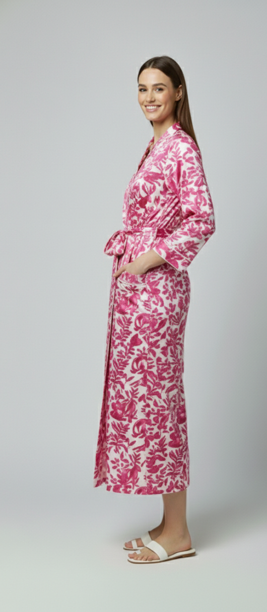 Women’s Pink Floral Print Cotton Robe | Front Tie Waist | 3/4th Sleeves