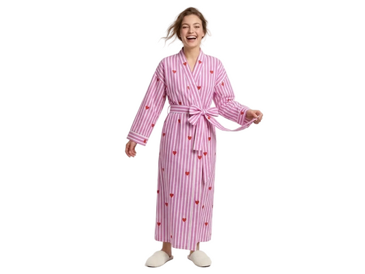 Pink heart riot women's cotton kimono. Cute pastel pink 
and white heart patterned lightweight cotton lounge robe.