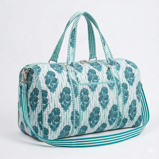 Teal Blue Quilted Cotton Duffle Bag – Lightweight Travel Weekender