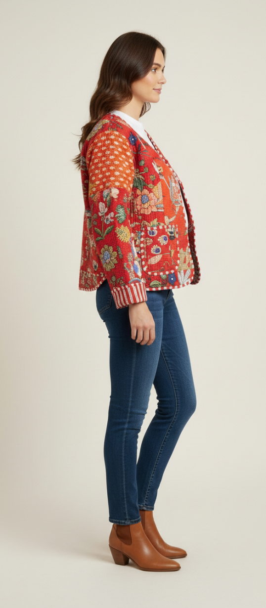 Women’s Red Patchwork Print Cotton Jacket | Open Front | Long Sleeves