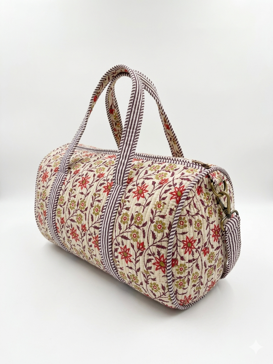Mini Floral Print Quilted Cotton Duffle Bag – Lightweight Travel Weekender
