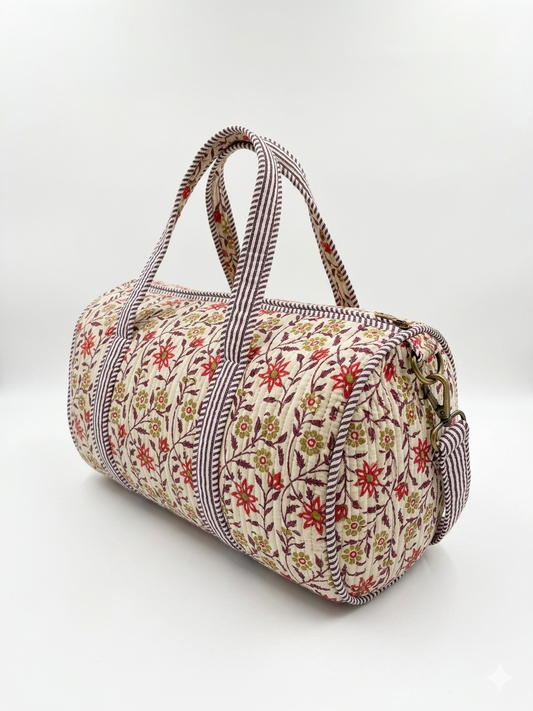 Mini Floral Print Quilted Cotton Duffle Bag – Lightweight Travel Weekender